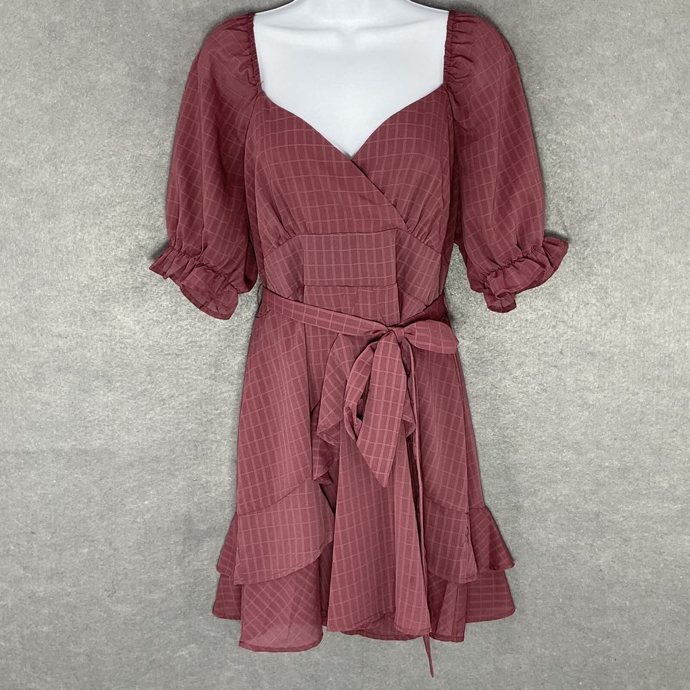 Trixxi Dress XL Maroon Faux Wrap Tiered Ruffle Tie Puff Sleeve Cottagecore